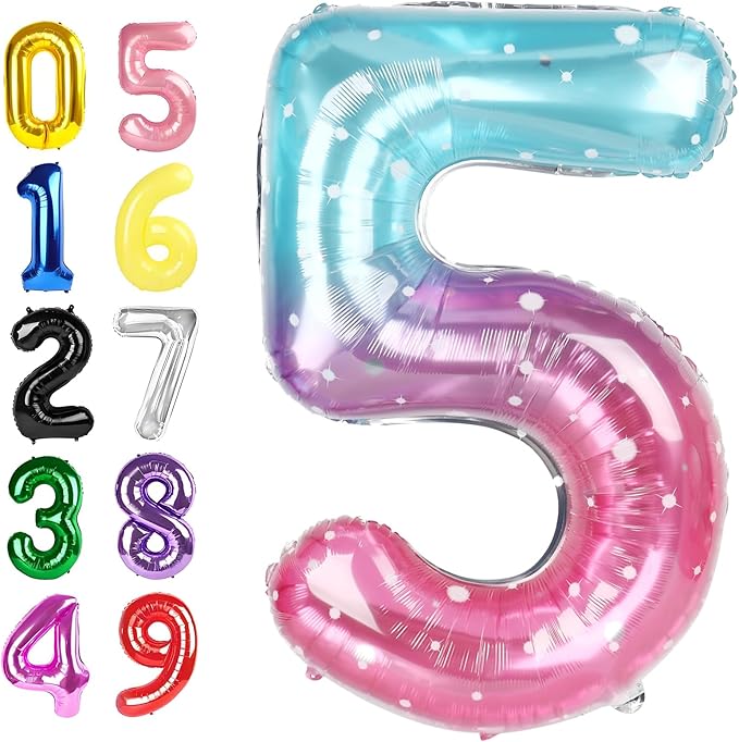 5 Balloon Number 40 Inch, 5 Balloons for Birthday Party, Pink Blue Purple Numbers Balloon for 5, 15, 25, 50 Birthday Party Decoration, Anniversary, Wedding, Single Supplies