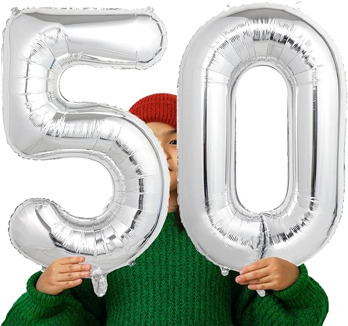 Number Balloons Silver Party Balloon - Giant Number 50 Balloon, 40 Inch Large Balloon for 50th Birthday Decorations, Silver Party Supplies for Anniversary