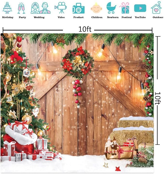 CYLYH 10x10FT Christmas Barn Wood Door Photography Backdrop Xmas Tree Snow Gift Wall Floor Party Photo Background for Holiday New Year Party Banner Family Holiday Party Supplies D554