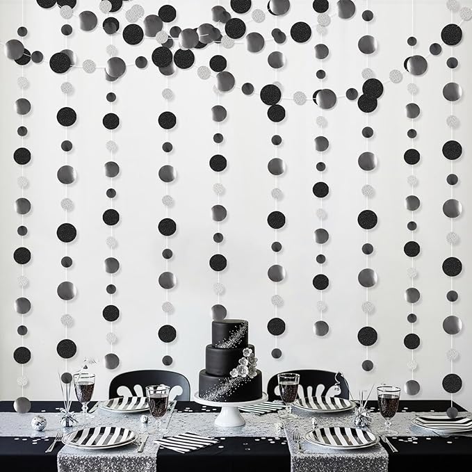 Outus 10 Pieces Black,Silver Round Dots Garland Easter Graduation Party Hanging Decor Each Length 13.1ft Glitter Paper Dot Streamers for Birthday Wedding Classroom