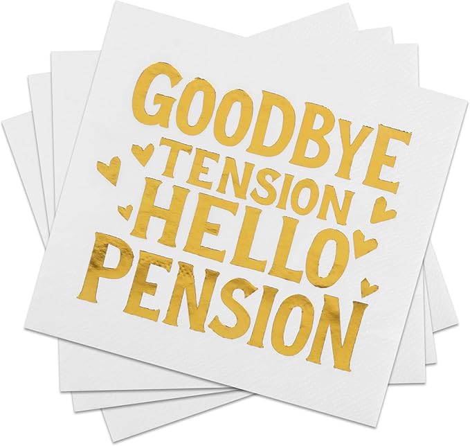 50 Pack Gold and White Retirement Paper Cocktail Napkins,GOODBYE TENSION HELLO PENSION Funny Farewell Celebration Party Supplies