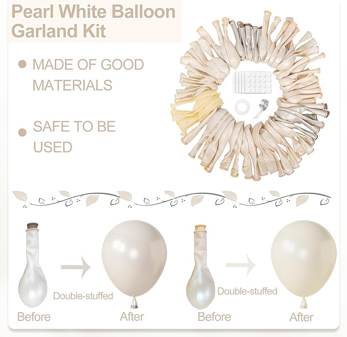 Amandir 173 Pcs Pearl White Balloon Arch Garland Kit, Double-Stuffed Pearl Ivory White Sand Clear Balloons for Wedding Bridal Shower Engagement Anniversary Birthday Party Decorations