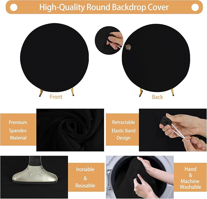 Gallety 7.2FT Black Round Backdrop Cover with Size Adjuster & 4 Metal Clips, Universal Fit for 5ft-7.2ft Circle Stand, Polyester Fabric Arch Cover for Wedding, Birthday Party, Videos, Graduation Decor