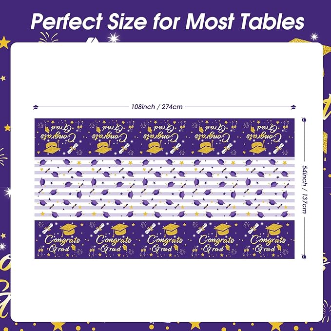 Graduation Tablecloth Party Decorations 2026, 3 Pack Purple Large Size 54"x108" Congrats Grad Disposable Rectangle Table Covers Plastic Table Cloth for College High School Class of 2026 Party Supplies