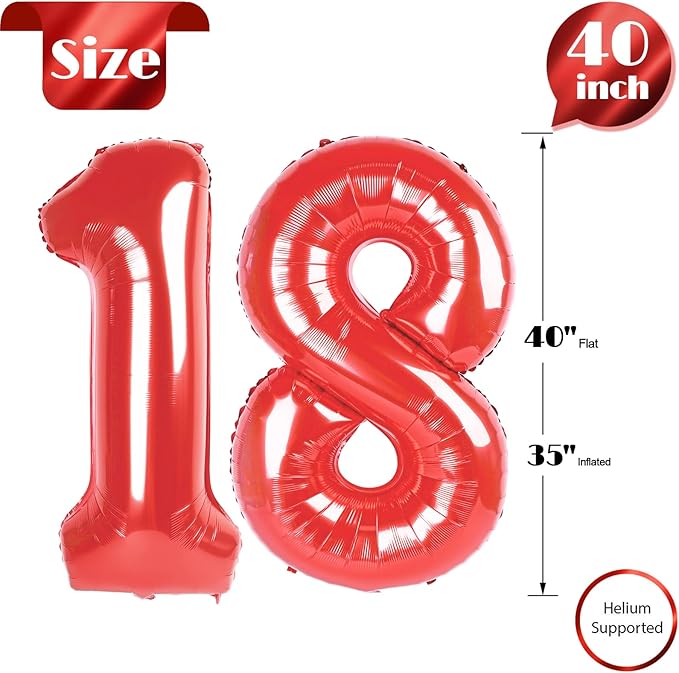 18 Balloon Number, Red Number 18th Birthday Balloons 40 Inch, 18 Years Old Red Birthday Decorations for Boys Girls, 18th Anniversary Decorations