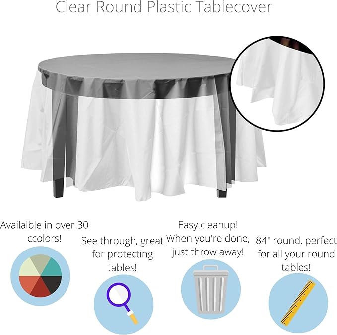 Exquisite 12-Pack Premium Plastic Tablecloth Pack of 12 Premium Plastic Tablecloth 84 Inch Round Table Cover - Clear