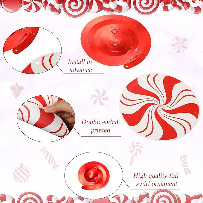 Funrous 56 Pcs Christmas Peppermint Candy Hanging Swirls Decorations Red and White Holiday Party Streamers for Home Winter Holiday Christmas Party Decor(Red White)