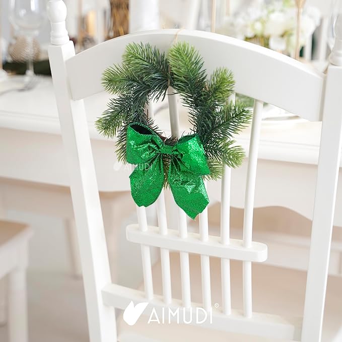 AIMUDI Green Glitter Wired Ribbon Bows with Twist Tie 5.5" Premade Metallic Christmas Bows for Gift Wrapping, Wreath, Garland, Holiday Crafts Party Home Outdoor Christmas Tree Decorations, 12 PCs