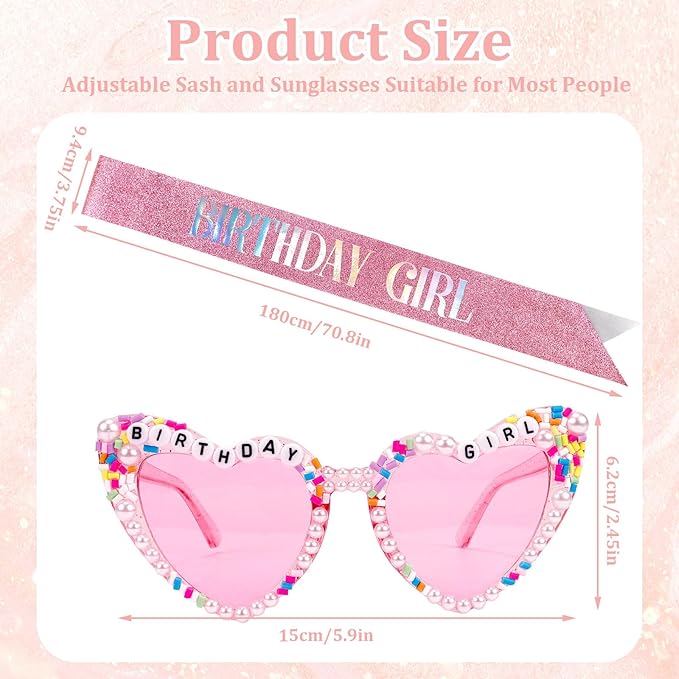 Birthday Girl Sash & Glasses Set, Pink Birthday Sash & Sunglasses, 'BIRTHDAY GIRL' Accessories for Women Girls