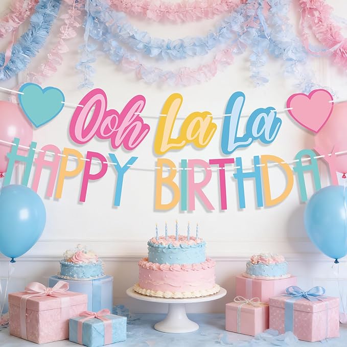 2PCS Ooh La La Birthday Banner, Colorful Fancy Pre-Strung Garland, Fancy Party Decorations for Birthday, Tea Party, Baby Shower Supplies