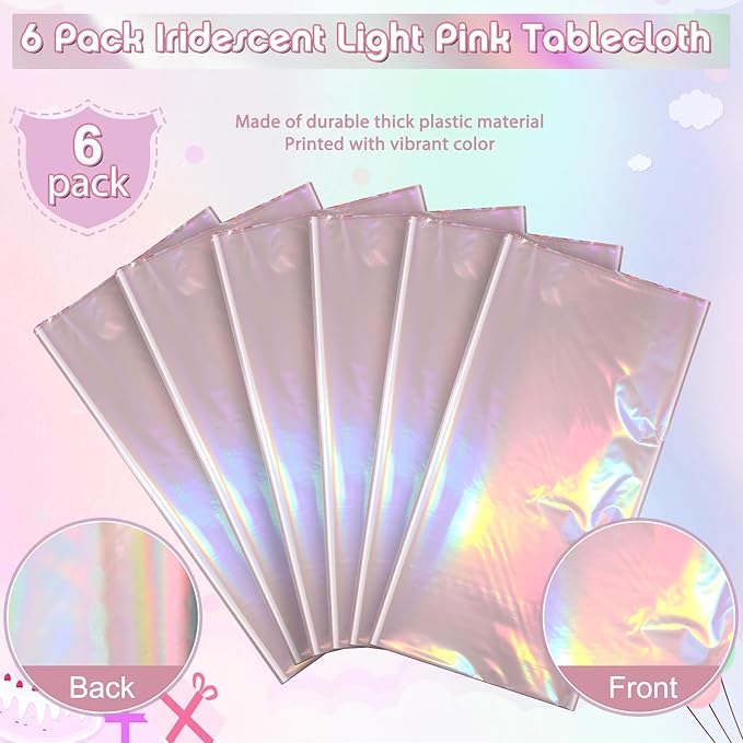 6 Pack Iridescent Light Pink Tablecloth for Parties, Pastel Pink Holographic Plastic Table Cover, Disposable Laser Baby Pink Table Cloth for Birthday Wedding Baby Shower Party Decorations, 54x108 Inch