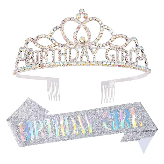 Chanaco Happy Birthday Crown and Sash Kit for Women and Girls - Rhinestone Tiara and Sashes with 'BIRTHDAY GIRL' Sash for Party Favors