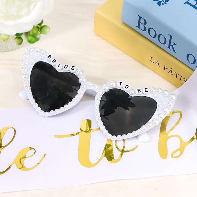Bride to Be Set: Pearl-Trimmed Heart Sunglasses, Pearl BRIDE Sash & Tulle Veil - Bachelorette Party Bridal Accessories
