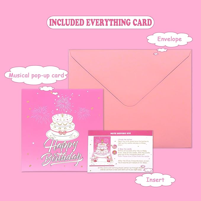 Musical Birthday Cards with Light and Music, Blowable, 3D Birthday Popup Cards for Men & Women– Plays Hit Song 'HAPPY Birthday' (pink)