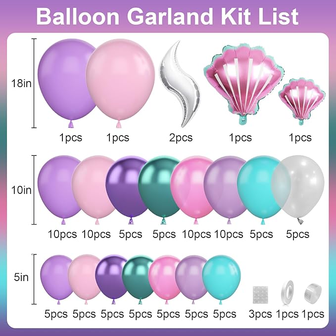 Mermaid Balloon Arch Garland Kit, Mermaid Tail Balloon Garland with Pastel Pink Purple Green Teal Metallic Latex Balloons for Girls Birthday Baby Shower, Under the Sea Shell Theme Party Decor Supplies