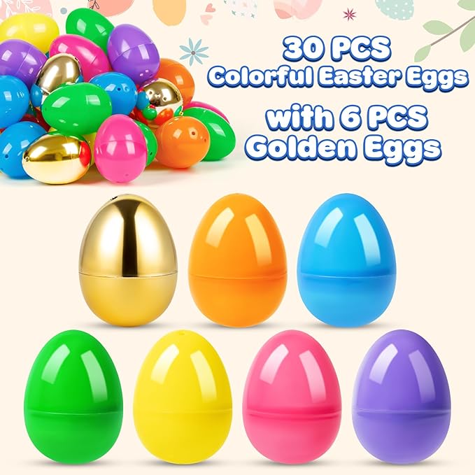 Duchong 36 Count 3.15" Plastic Easter Eggs, 30 Pcs Empty Suprise Eggs 6 Pcs Golden Eggs Bulk, Fillable Eggs with Hinge for Easter Hunt, Basket Stuffers Fillers, Easter Party Favor Decorations