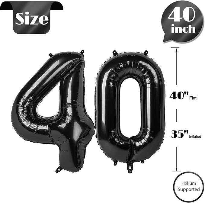 Black Number 40 Balloon 40 inch, 40 Number Balloons, 40th Black Birthday Decorations, 40 Year Old Women Men Party Supplies