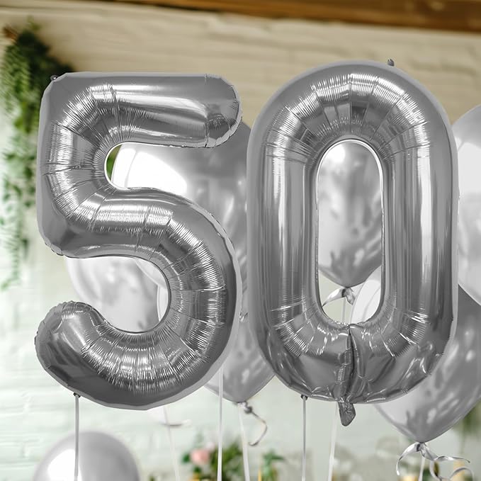40 Inch Large Number Celebration and Decoration Balloon for Birthday Parties, Graduations, Anniversaries, Weddings, Photo Shoots, Special Events - Helium Foil Mylar (Silver Number 50)