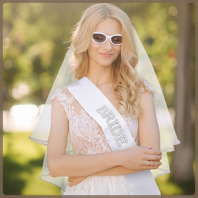 JATEBI 3PCS Bride Sash Veil Sunglasses Set for Bridal Shower Wedding Engagement Bachelorette Party Favors