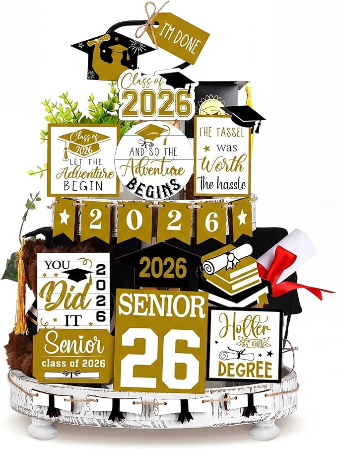 22 Pcs 2026 Graduation Tiered Tray Decor Sets Wooden Graduation Class of 2026 Table Decorations Senior 2026 Gown Diploma Farmhouse Signs for Home Shelf Party Office Desk(Gold)