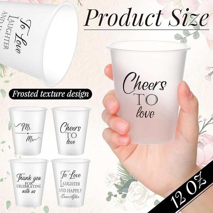 Yungyan 100 Pcs Wedding Frosted Plastic Cups Bulk 12 oz Clear Wedding Cups for Reception Disposable Cheer to Love Bridal Shower Bachelorette Party Supplies