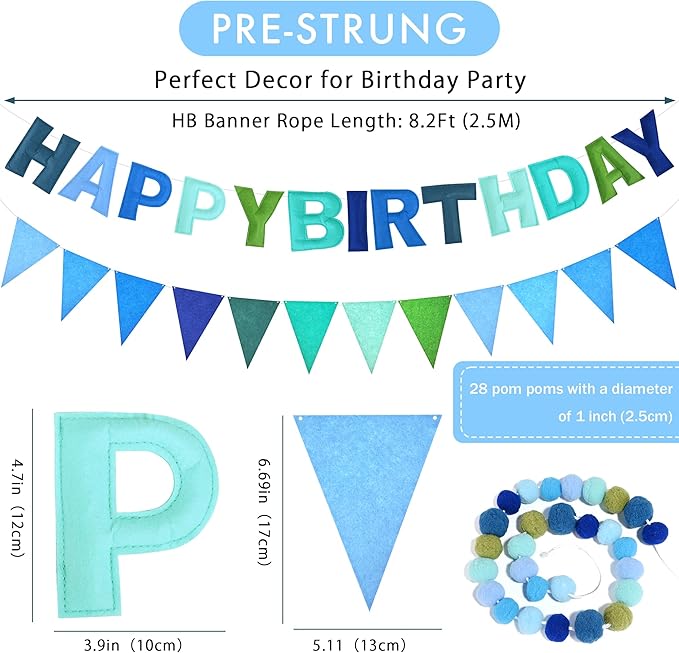 CANREVEL Pre-Strung 3D Rainbow Happy Birthday Banner, 3 PCS Happy Birthday Felt Sign, Pom Pom Garland, Triangle Fabric Bunting, Colorful Reusable Birthday Decorations for Women Men Girls Boys, Blue