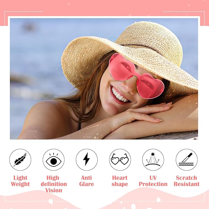 TOODOO 4 Pack Heart Shaped Sunglasses Rimless Candy Color Eyewear Galentine Valentines Accessories
