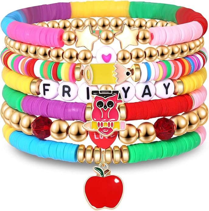 Surfer Heishi Bracelets for Women Stackable Rainbow Vinyl Disc Clay Beaded Stretch Bracelets Elastic Layering Friendship Bracelets Boho Summer Beach Jewelry