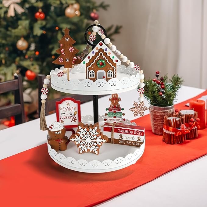 Gingerbread Christmas Decorations 8 PCS Tiered Tray Decor Set, Cute Tabletop Christmas Decor for Home Shelf Mantel Fireplace Office Desk Coffee Bar Xmas Table Centerpieces Tray Objects Holiday Baking