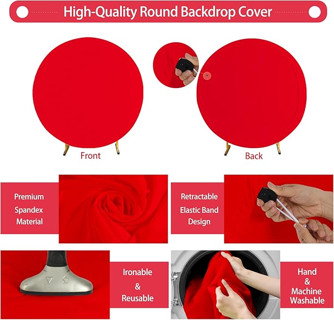Gallety 7.2FT Red Round Backdrop Cover with Size Adjuster & 4 Metal Clips, Universal Fit for 5ft-7.2ft Circle Stand, Polyester Fabric Arch Cover for Wedding, Birthday Party, Video, Photography Decor
