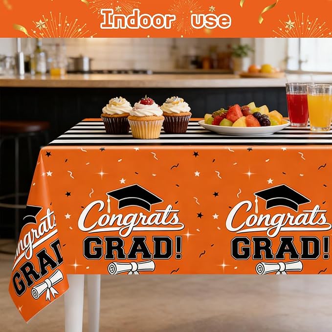 7-Pack Graduation Party Decorations Set, 3 Orange Graduation Tablecloths 54x108in, 2026 and Grad Balloons, 2 Foil Fringe Curtains for High School College Graduation Party Photo Booth