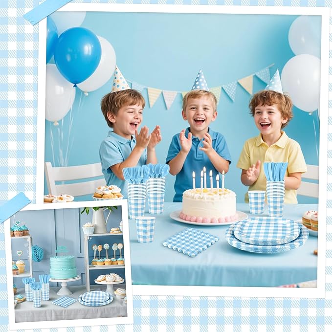 175 Pcs Gingham Paper Plates, Boy Baby Shower Decorations Include Blue Gingham Plates and Napkins Cups Disposable Blue Dinnerware for Picnic, Wedding, Birthday
