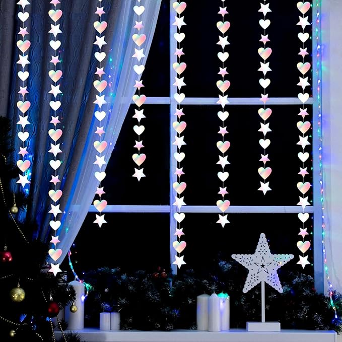 Iridescent Disco-Holographic Party-Decorations Star Heart-Garland - 52Ft Valentines Day Neon Wedding Hanging Paper Streamers Banner,Birthday Bachelorette Baby Bridal Shower Engagement Decor Ouruola