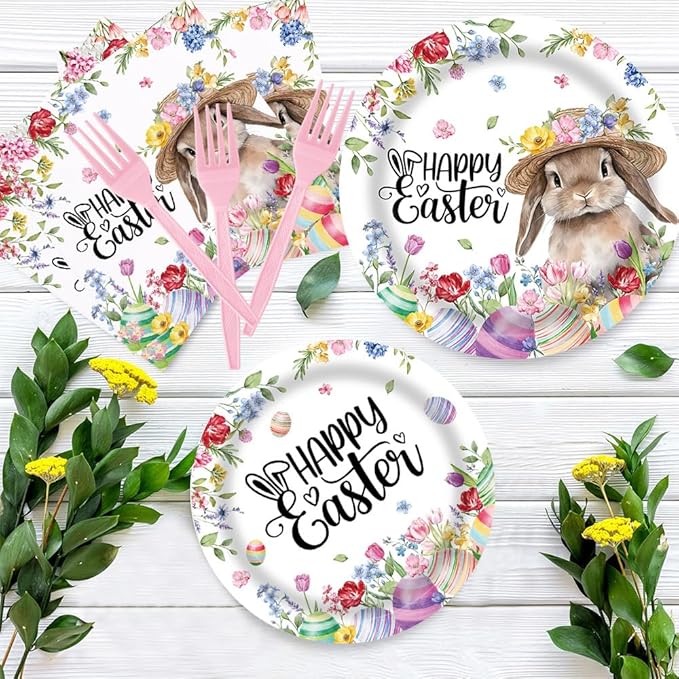 Spring Happy Easter Party Tableware Set 96 Pcs Disposable Plates Napkins Forks Cartoon Cute Rabbit Colored Egg Flower Kids Easter Party Decorations Serve 24 Guests
