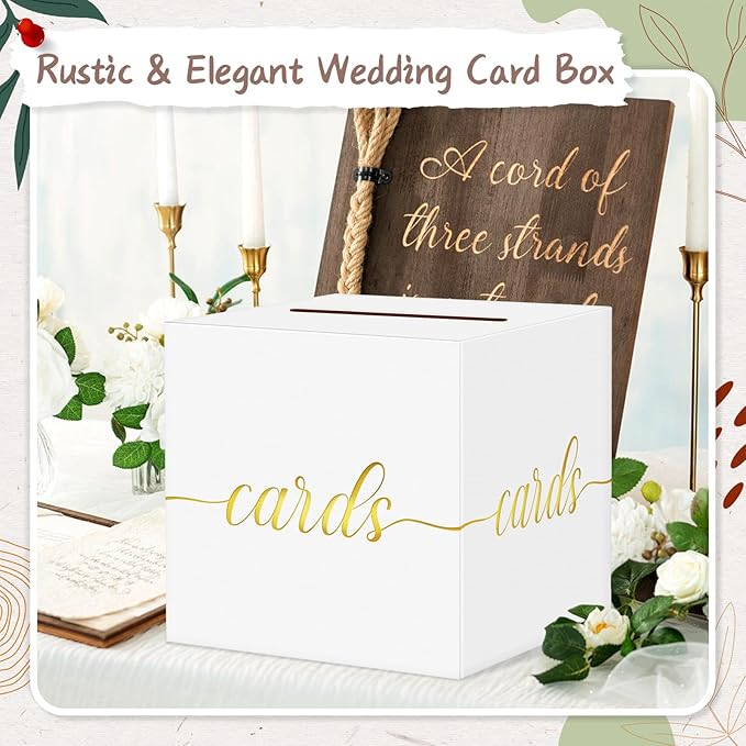 QIKSION White Wedding Card Box, Gold Foil Gift Card Box for Party, Wedding Reception, Birthday, Graduation Decorations, Baby & Bridal Shower, Anniversary, Retirement