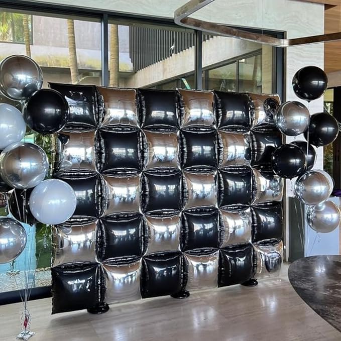 Black and Silver Double Sided Square Foil Balloons Wall,19 Inches Chrome Silver Metallic Foil Balloons Tunnel Arch Kit for 2026 Graduation Decorations,Anniversary Birthday Party Background Decoration