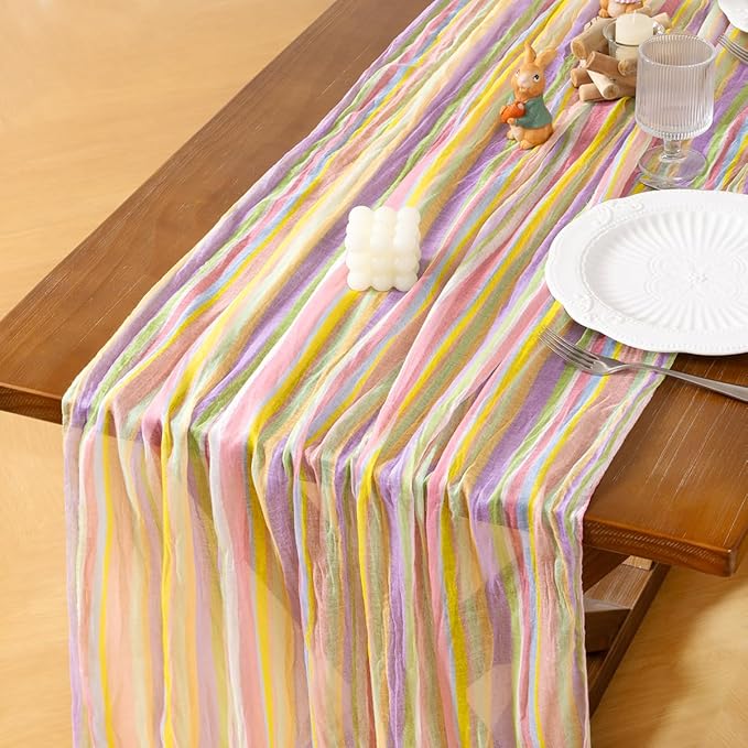 Socomi Easter Spring Table Runner Pastel Stripe Floral Cheesecloth Gauze 120 Inch Rustic Boho Cheese Cloth Runner for Wedding Party Baby Bridal Shower Decoration Holiday Home Decorations