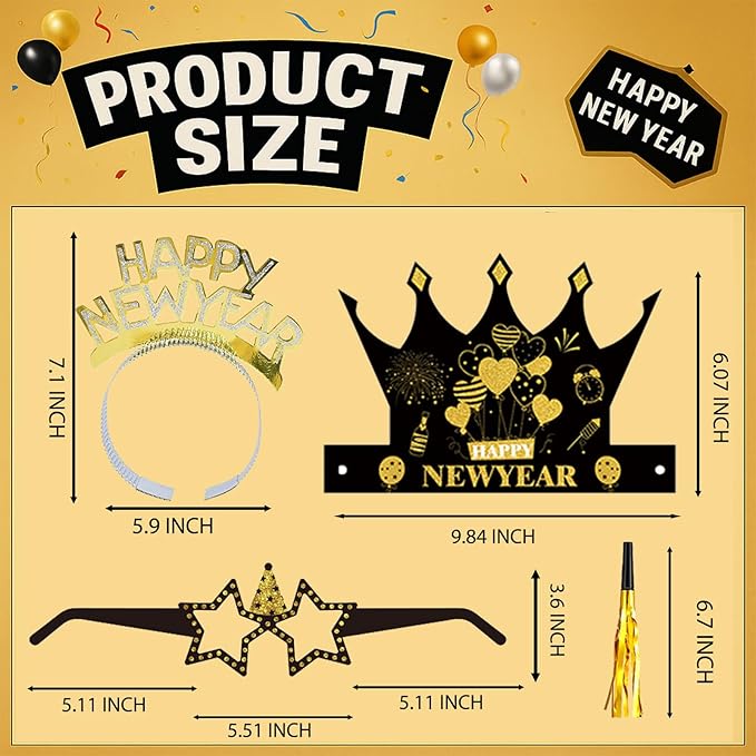 New Years Eve Party Supplies 2026 – 63 PCS Celebration Kit with Headbands, Crown Hats, Glasses, Noise Makers, Photo Booth Props & Wristbands – Gold Silver Happy New Year Decorations