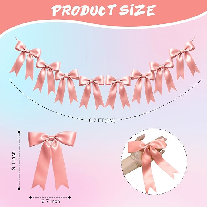 2 Strings of 16PCS Rose Gold Pink Bow Garlands Banner Decoration,Pre-Strung Satin Ornaments for Birthday,Bachelorette Party,Bridal Shower,Wedding,Engagement,Baby Shower,Graduation Decor,Anniversary