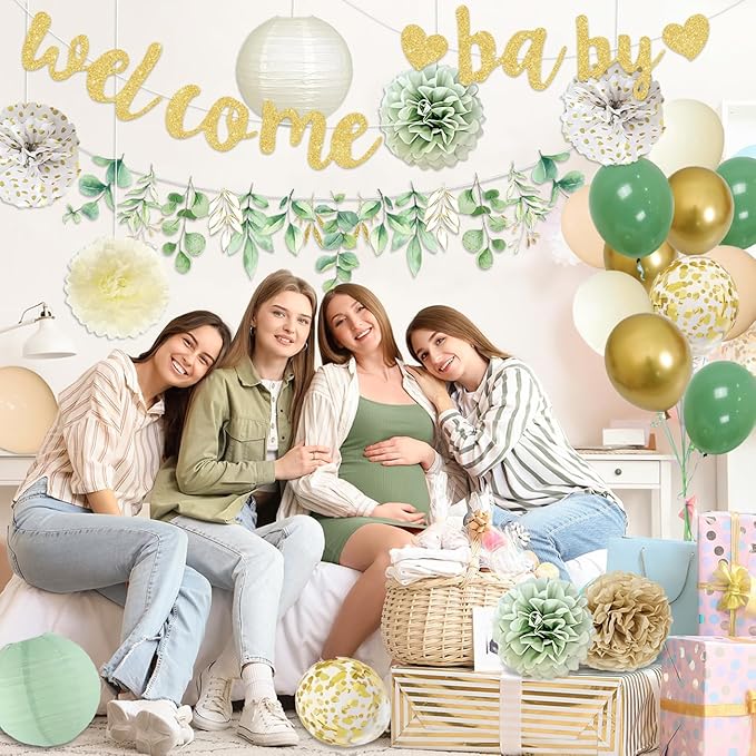 Baby Shower Decorations Sage Green Welcome Baby Sign Banner with Green Balloons Oh Baby Tablecloth Gender Neutral Baby Items Paper Pom Poms Decorations for Gender Reveal Party Supplies