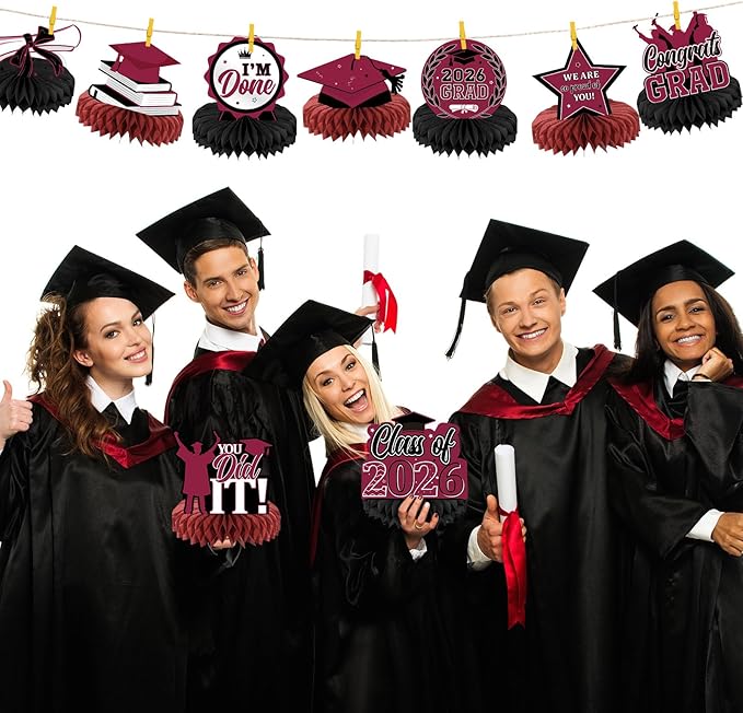 Yisong 9 Pieces 2026 Graduation Party Table Decorations Class of 2026 Congrats Graduation Centerpieces for Tables Congratulate Honeycomb Centerpiece Topper for Grad Party Supplies (Maroon)