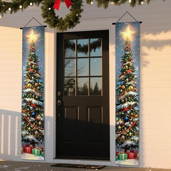 Nuxovilar Christmas Decorations Outdoor Yard Front Porch Sign Set, Lit Christmas Tree Door Banners for Front Door, Hanging Christmas Door Decorations for Home Indoor Outdoor Wall Yard