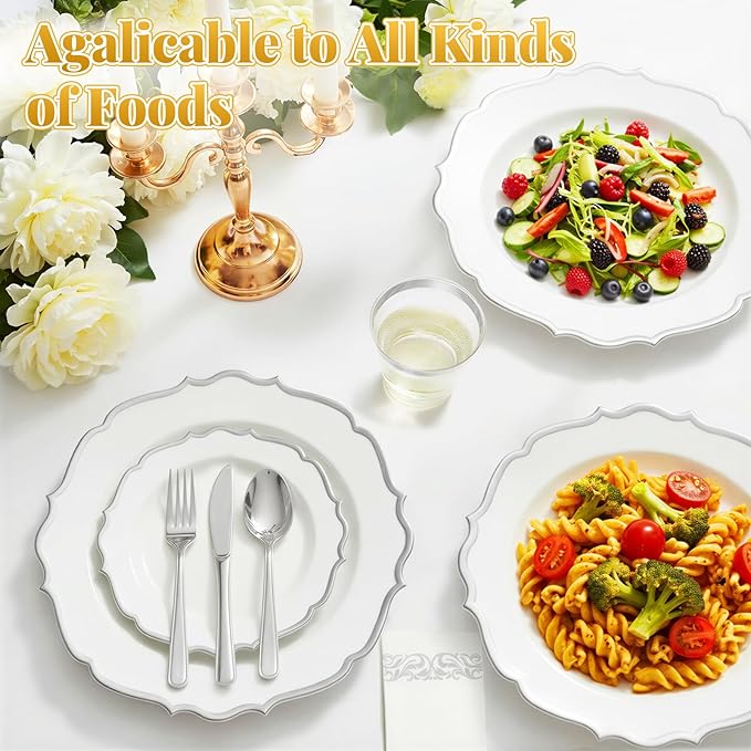 175 Plastic Dinnerware Set Silver Disposable Dinnerware Set for 25 Guests Include 50 Plastic Plates,25 Silverware Set,25 Cups and 25 Napkins for Easter Party Wedding Thanksgiving