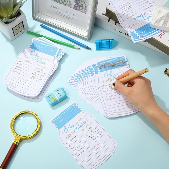 Lincia 50 Pcs Baby Shower Prediction and Advice Cards Blue Mason Jar Baby Prediction Cards for Girl or Boy Gender Reveal Decorations Gender Neutral Decor Activity Games Keepsake for New Parents