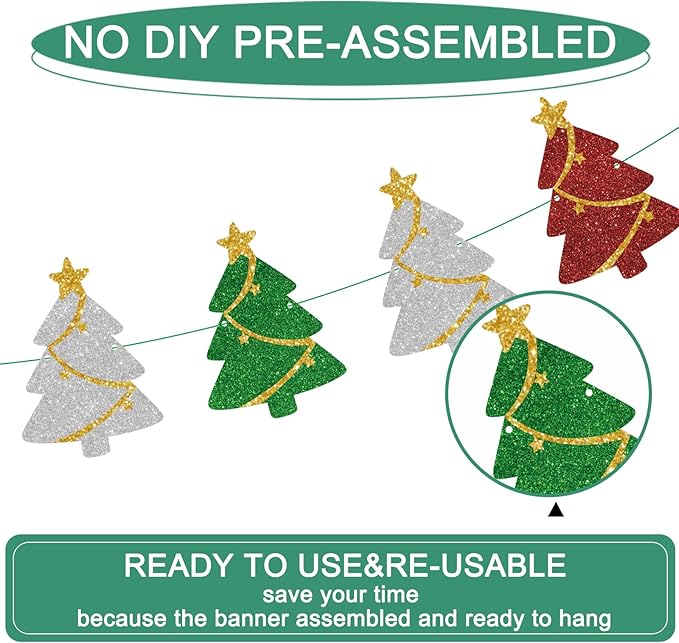3 Set Pre-Strung Christmas Decorations,Glitter Christmas Tree Banner Garland for Winter Party,Mantle Decor,Xmas Door Wall Window Hanging Decoration,Happy Holidays Decorations