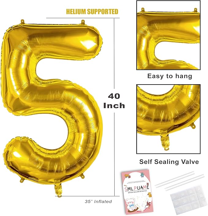 Smlpuame 40 inch Number Balloon 0-9 Gold Large Number 5 Balloons,Digital Balloons for Birthday Party Celebration Decorations Supplies, Helium Foil Number Balloons for Wedding Anniversary