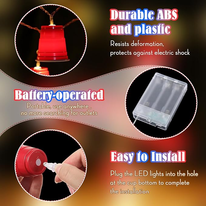 Hiboom 1 Pack Red White and Blue Cups Light, Shot Cups Fairy String Lights Battery Operated LED for 4th of July Independence Day Patriotic Decor Memorial Day Bar Graduation RV Party (13Ft)