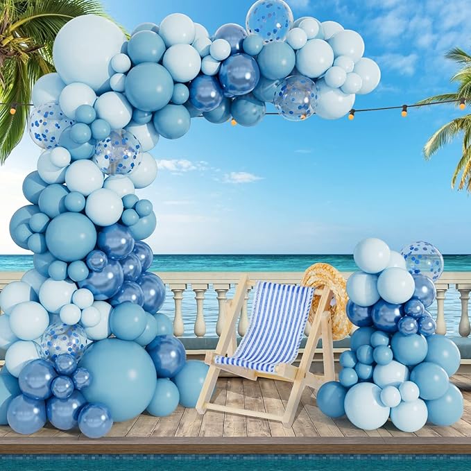 Baby Blue Balloon Arch Garland Kit, Metallic Macaron Pastel Light Blue Confetti Balloons, Different Sizes Balloons for Baby Shower, Birthday, Wedding, Ocean Themed Party Decoration