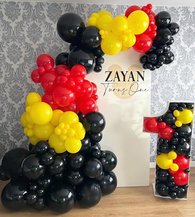 Red Yellow Black Balloons Garland Arch Kit, Mouse Party Decorations with 144pcs Different Sizes Latex Party Balloons for Baby Shower Wedding Backdrop Cartoon Game Theme Birthday Party Decorations