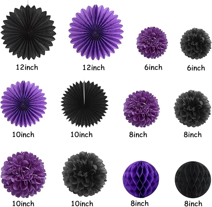 Purple Black Happy-Halloween Party Decorations - 13PCS Spider Web Bats Streamers Banner ,Paper Flowers Lanterns Tissue Pom Poms Fans, Classroom Birthday Bachelorette Hanging Supplies Decor Hugfond
